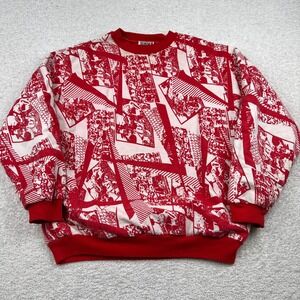 Vtg Crewneck Sweater XL Box 1 Red White Abstract Graphic AOP 90s Streetwear Art